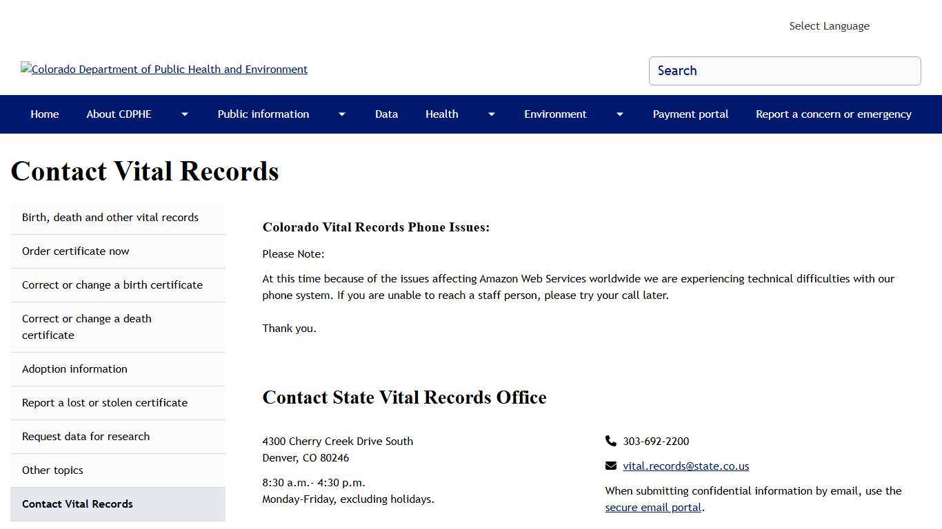 Contact Vital Records Colorado Department of Public Health and Environment