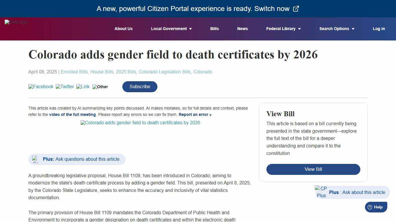 CitizenPortal.ai - Colorado adds gender field to death certificates by 2026